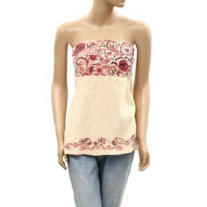 ❤️Free People Floral Embroidered Tube Tunic Top Ribbed Strapless Cream M 286650